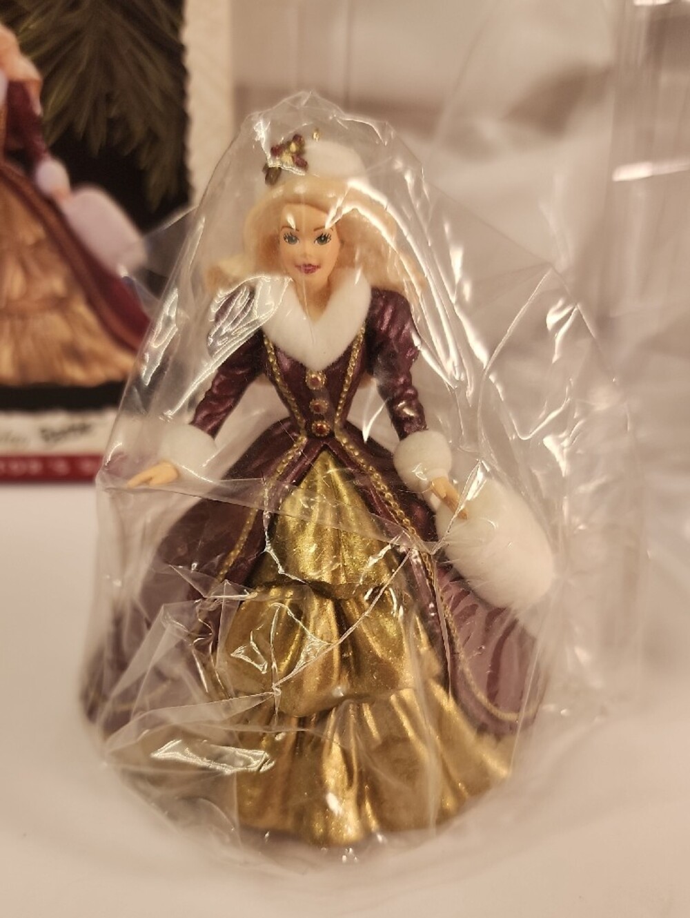 1995 & 1996 Hallmark Holiday Barbie Ornament Duo — Burgundy & Navy Dresses - Picture 4 of 6